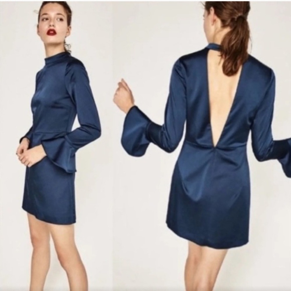 Zara Basic Navy Blue Satin Open Back Bell Sleeve Mini Dress Size Med Party Dance